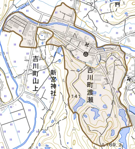 吉川町渡瀬とその周辺の地図。町の範囲を重ねている
