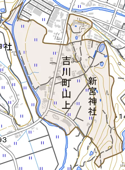 吉川町山上とその周辺の地図。町の範囲を重ねている