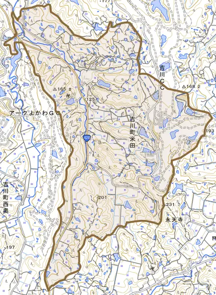 吉川町米田とその周辺の地図。町の範囲を重ねている