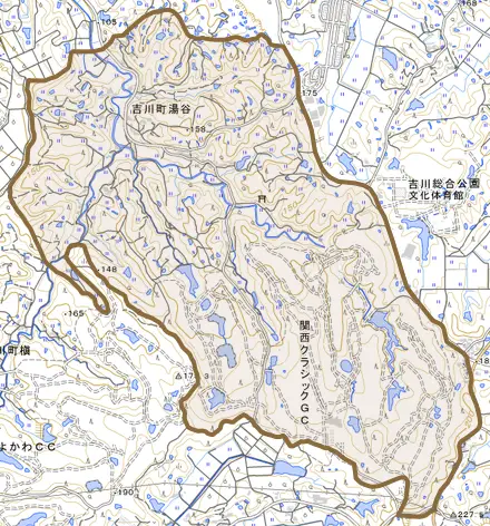 吉川町湯谷とその周辺の地図。町の範囲を重ねている