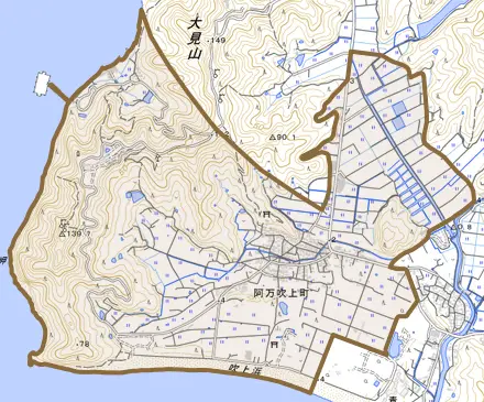 阿万吹上町とその周辺の地図。町の範囲を重ねている