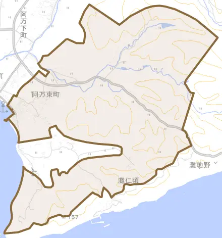 阿万東町とその周辺の地図。町の範囲を重ねている