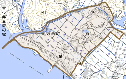 阿万西町とその周辺の地図。町の範囲を重ねている