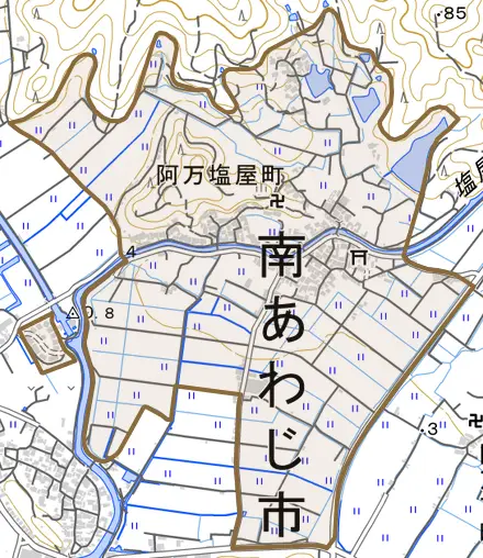 阿万塩屋町とその周辺の地図。町の範囲を重ねている