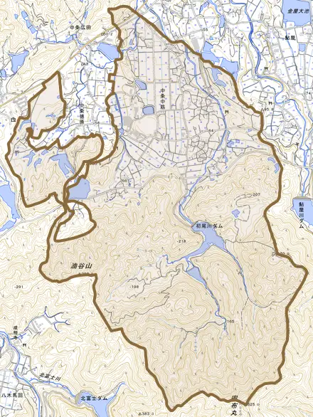 中条中筋とその周辺の地図。町の範囲を重ねている