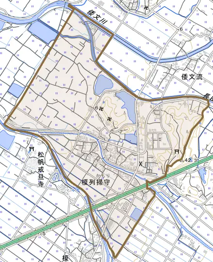 榎列掃守とその周辺の地図。町の範囲を重ねている