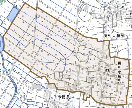 榎列小榎列とその周辺の地図。町の範囲を重ねている
