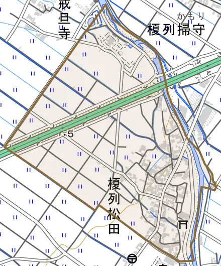 榎列松田とその周辺の地図。町の範囲を重ねている