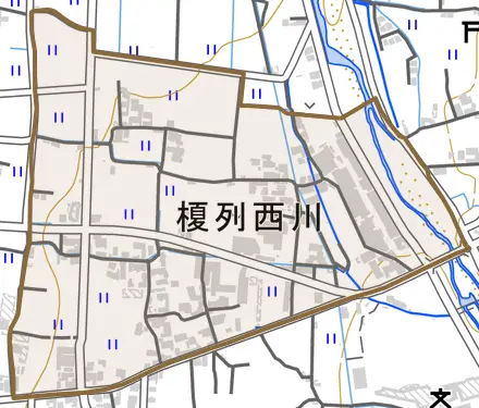 榎列西川とその周辺の地図。町の範囲を重ねている