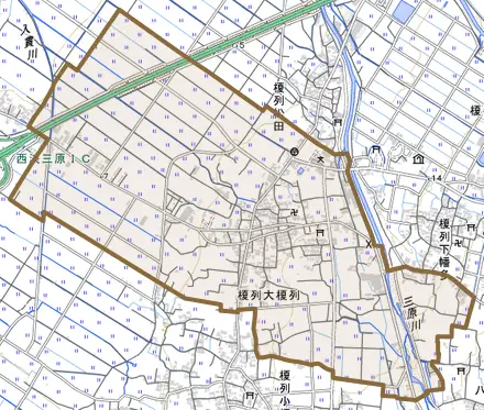 榎列大榎列とその周辺の地図。町の範囲を重ねている