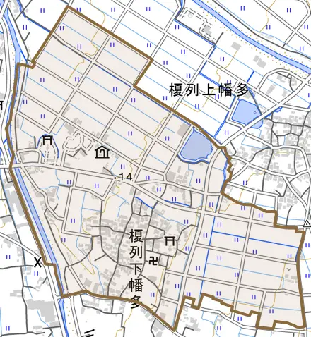 榎列下幡多とその周辺の地図。町の範囲を重ねている