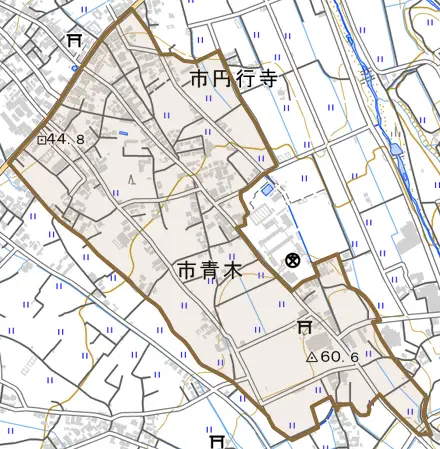 市青木とその周辺の地図。町の範囲を重ねている