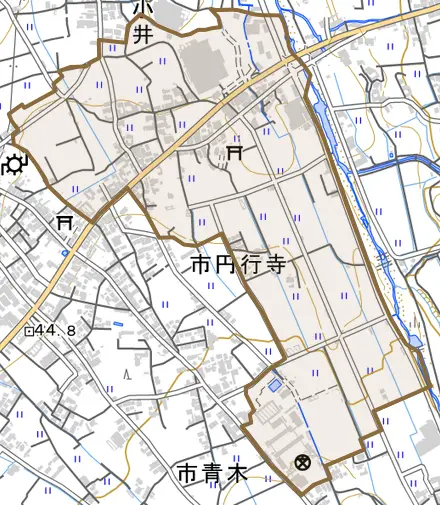 市円行寺とその周辺の地図。町の範囲を重ねている