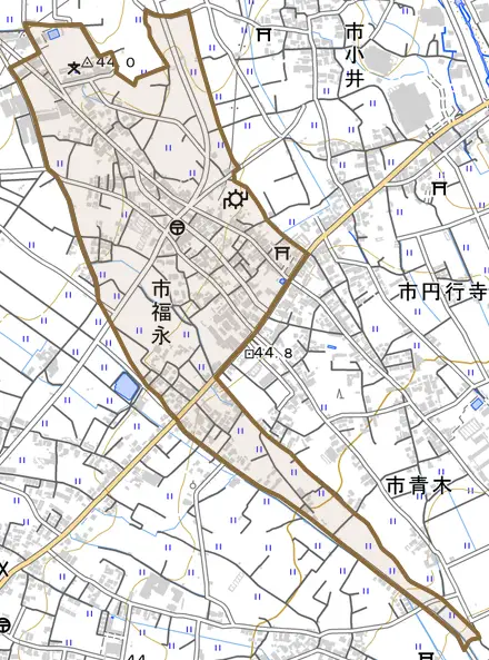 市福永とその周辺の地図。町の範囲を重ねている