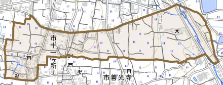 市十一ヶ所とその周辺の地図。町の範囲を重ねている