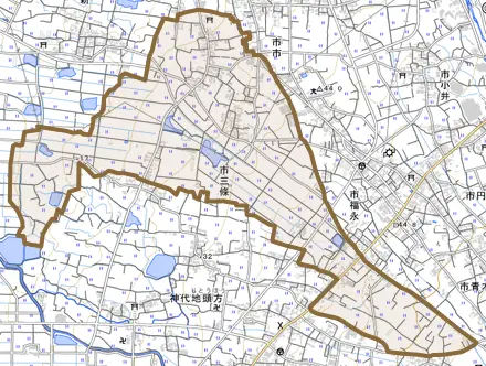 市三條とその周辺の地図。町の範囲を重ねている
