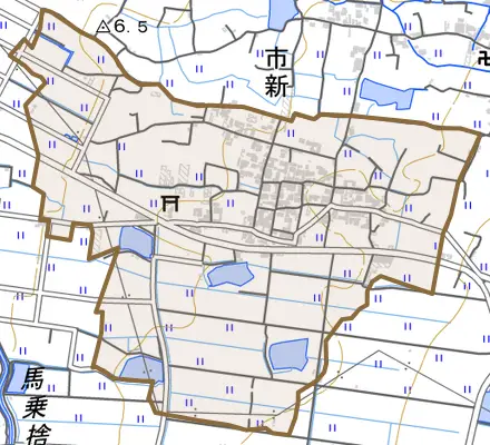 市新とその周辺の地図。町の範囲を重ねている