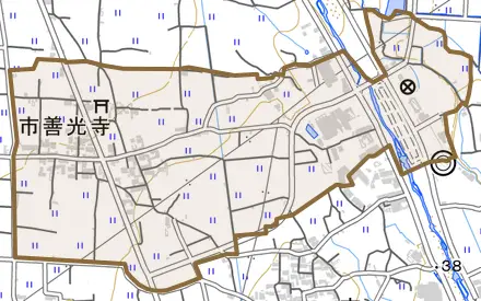 市善光寺とその周辺の地図。町の範囲を重ねている