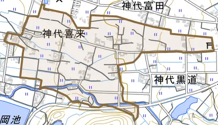 神代喜来とその周辺の地図。町の範囲を重ねている
