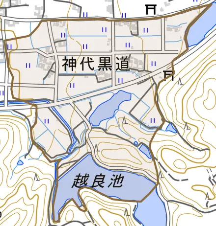 神代黒道とその周辺の地図。町の範囲を重ねている