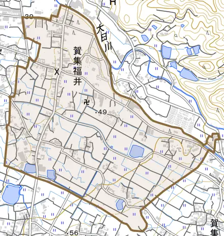 賀集福井とその周辺の地図。町の範囲を重ねている