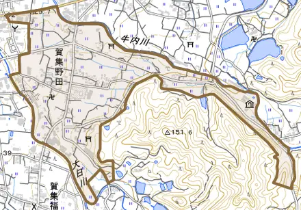 賀集野田とその周辺の地図。町の範囲を重ねている