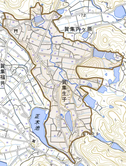 賀集生子とその周辺の地図。町の範囲を重ねている