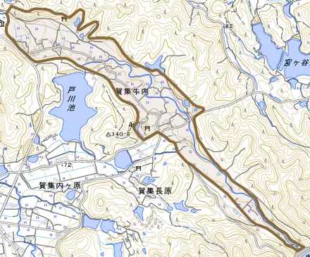 賀集牛内とその周辺の地図。町の範囲を重ねている