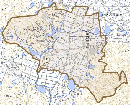 北阿万伊賀野とその周辺の地図。町の範囲を重ねている