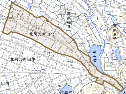 北阿万新田北とその周辺の地図。町の範囲を重ねている