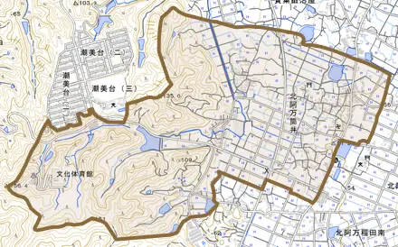 北阿万筒井とその周辺の地図。町の範囲を重ねている