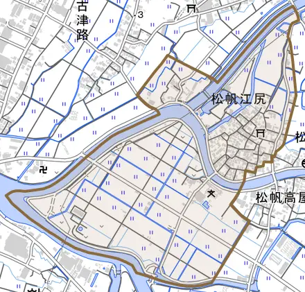 松帆江尻とその周辺の地図。町の範囲を重ねている