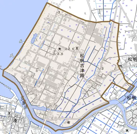 松帆古津路とその周辺の地図。町の範囲を重ねている