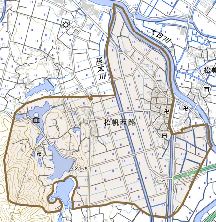 松帆西路とその周辺の地図。町の範囲を重ねている