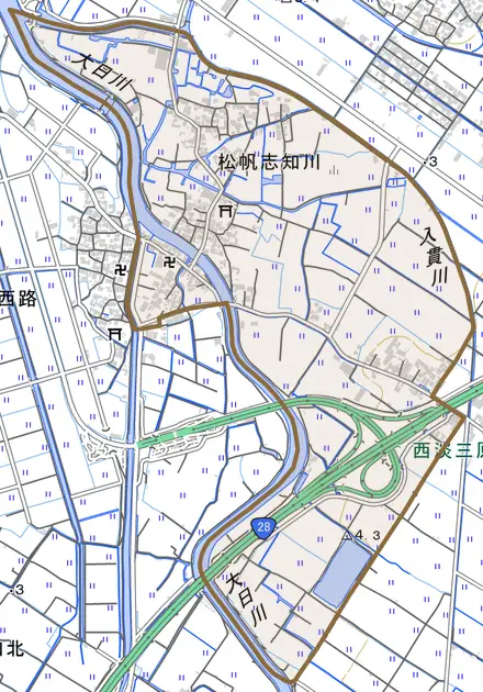 松帆志知川とその周辺の地図。町の範囲を重ねている