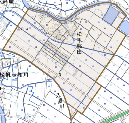 松帆脇田とその周辺の地図。町の範囲を重ねている