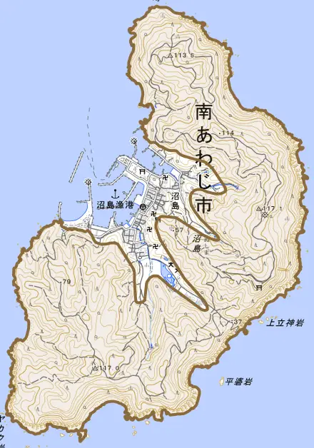 沼島とその周辺の地図。町の範囲を重ねている