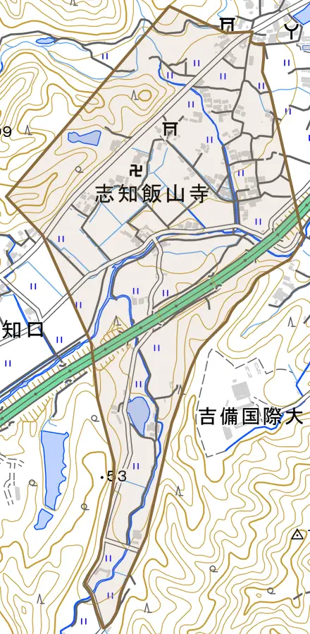 志知飯山寺とその周辺の地図。町の範囲を重ねている