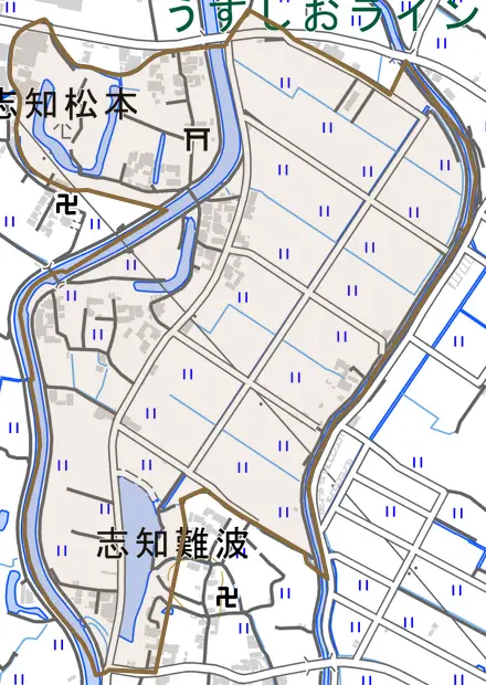 志知松本とその周辺の地図。町の範囲を重ねている