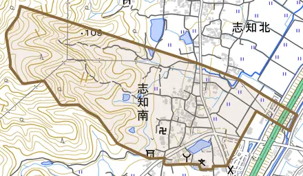 志知南とその周辺の地図。町の範囲を重ねている