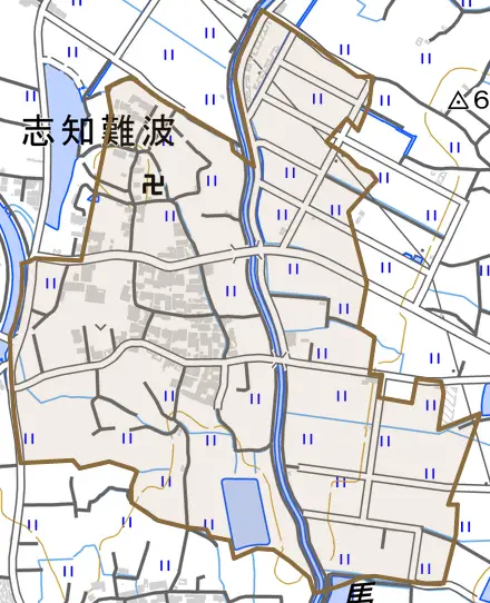 志知難波とその周辺の地図。町の範囲を重ねている