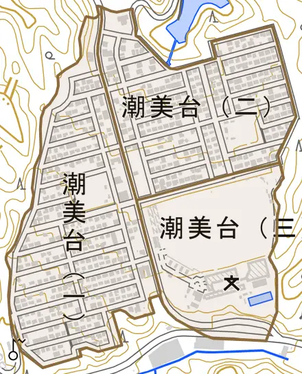 潮美台とその周辺の地図。町の範囲を重ねている