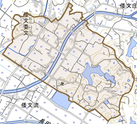 倭文委文とその周辺の地図。町の範囲を重ねている