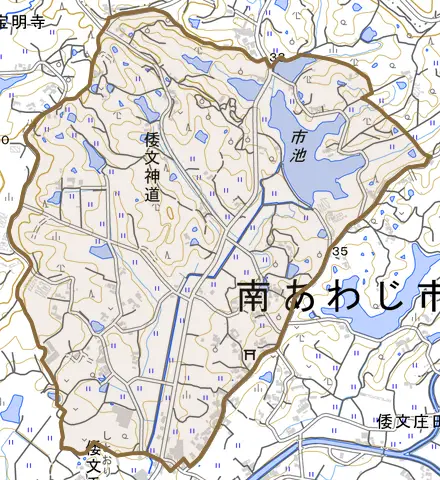 倭文神道とその周辺の地図。町の範囲を重ねている