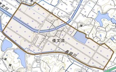 倭文流とその周辺の地図。町の範囲を重ねている