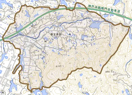 倭文長田とその周辺の地図。町の範囲を重ねている