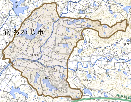 倭文庄田とその周辺の地図。町の範囲を重ねている