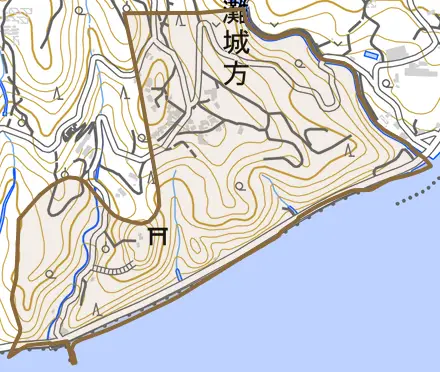 灘城方とその周辺の地図。町の範囲を重ねている