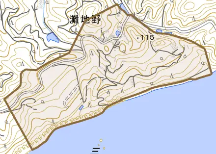 灘地野とその周辺の地図。町の範囲を重ねている