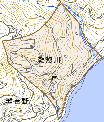灘惣川とその周辺の地図。町の範囲を重ねている